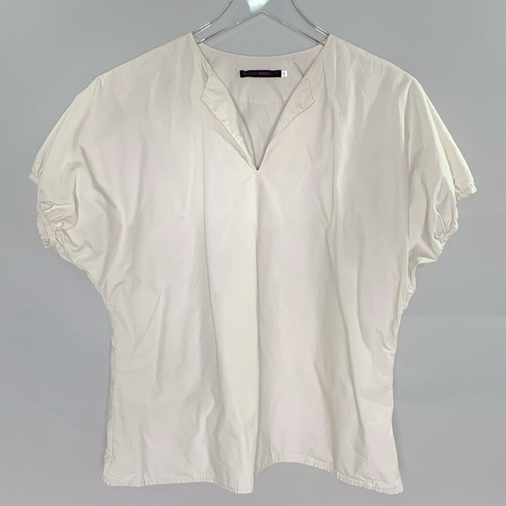 Harvey Faircloth 2 100% Cotton Split Neck Short Sleeve Top Ecru Beige